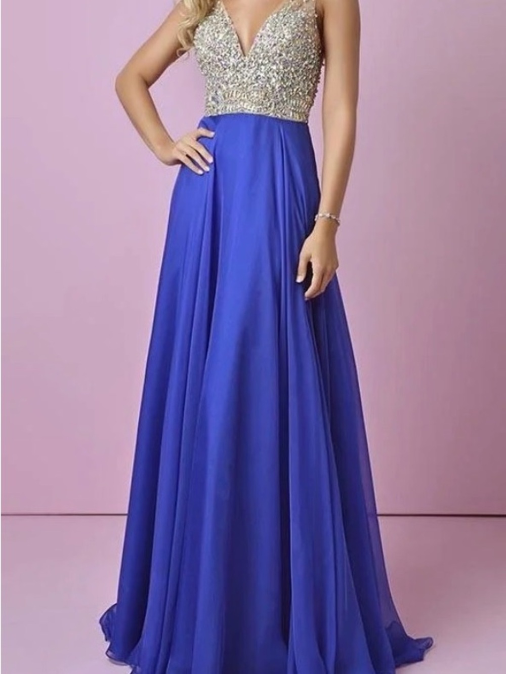 Xcite Prom Beaded Silver Bodice Royal Blue Chiffon Gown